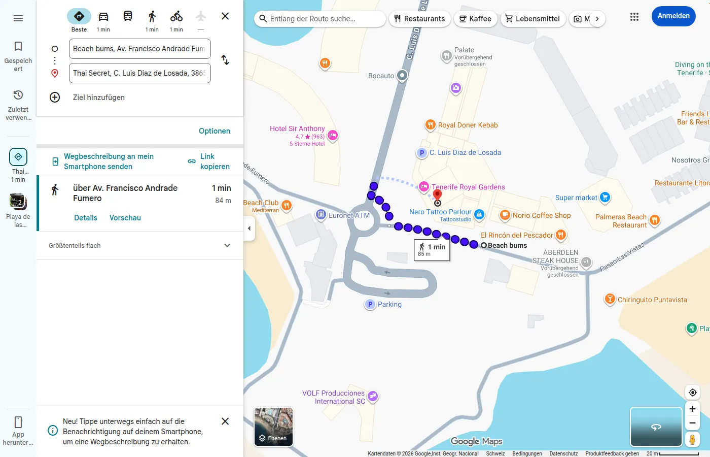 Fussweg vom Tenerife Royal Gardens zu Wasser und Kleinigkeiten beim Thai Secret